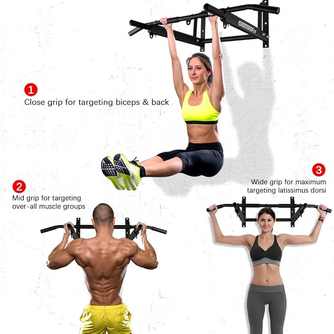 OneTwoFit Wall Mounted Pull Up Bar with More Stable 6-hole design for Indoor and Outdoor Use, Maximum weight 440 Lbs OT103