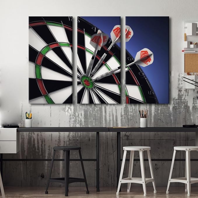 3 Pieces Black and White Wall Art Dart Plate Painting Artwork Dart Hits the Bullseye Canvas Pictures Print Contemporary Wall Art for Bar Club Living Room Stretched Framed Ready to Hang(28"Wx42"H)