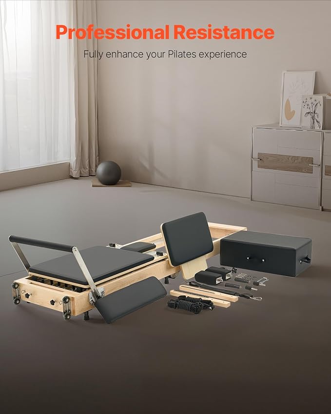 VEVOR Pilates Reformer Machine, Pilates Workout Equipment for Home Gym Studio Use, Pilates Bed with Dual Resistance- Spring & Cord, Reformer Set, Up to 400 LBS