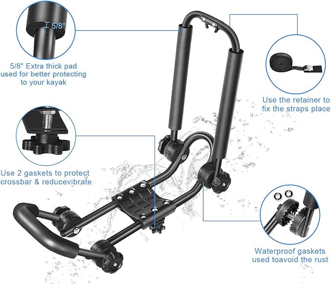 DRSPORTS Double Folding J-Bar Rack for Kayak Carrier Canoe Boat Paddle Board Surfboard Roof Top Mount on Car SUV Truck Crossbar (1Pair)