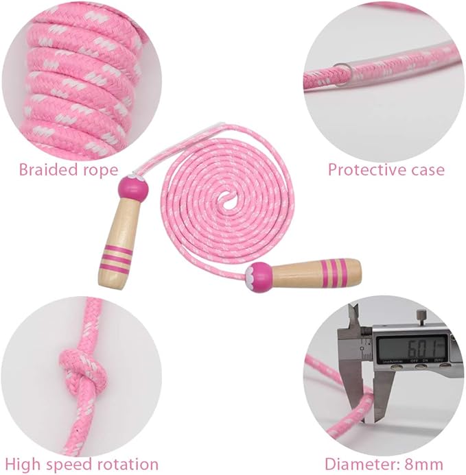 Jump Rope Kids, 7ft Adjustable Cotton Skipping Rope with Wooden Handle for Boys and Girls Fitness Outdoor Exercise