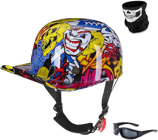 Vintage Retro Open Face Motorcycle Helmet Baseball Cap Half Helmets Men Women for Moped Cap Jet Scooter Street Cruiser with Mask Glasses - DOT Certified
