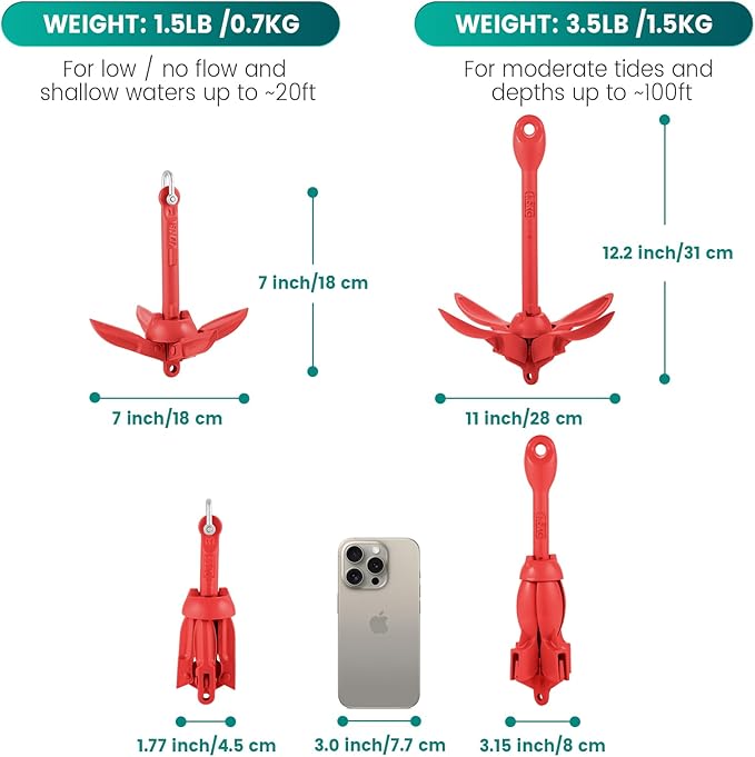 Kayak Anchor Kit, 1.5/3.5 lb Compact Folding Grapnel Anchor for Kayaks, Canoes, SUPs, Jet Skis, Small Boats - Lightweight Portable Marine Boat Anchor with Rust-Resistant Design