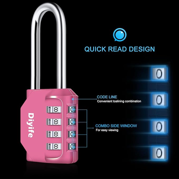 2.6 Inch Long Shackle Combination Lock, Diyife 4-Digit Outdoor Waterproof Padlock, Plated Steel Combination Clasp with High Security, Schools, Gyms & Lockers, Pink