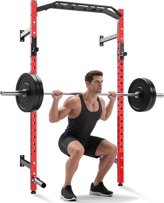 1600LB Wall Mounted Power Rack, Commercial Squat Rack for Home Gym with Multi-Grip Pull Up Bar, j-Cups & Landmine Attachment for Home and Garage Gym