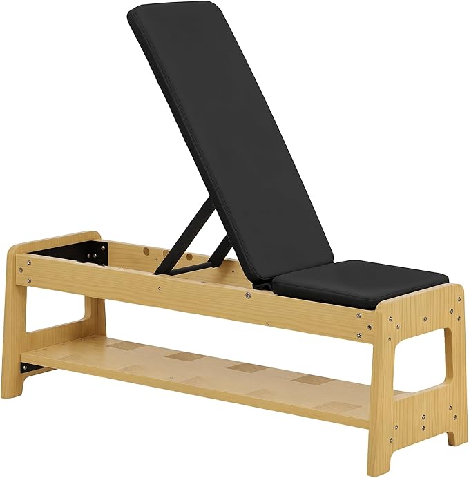 Soozier Adjustable Weight Bench with Dumbbell Rack, Wooden Workout Bench, Flat or Incline Bench for Home Gym Weight Lifting Training