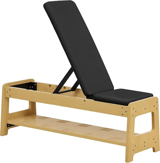 Soozier Adjustable Weight Bench with Dumbbell Rack, Wooden Workout Bench, Flat or Incline Bench for Home Gym Weight Lifting Training