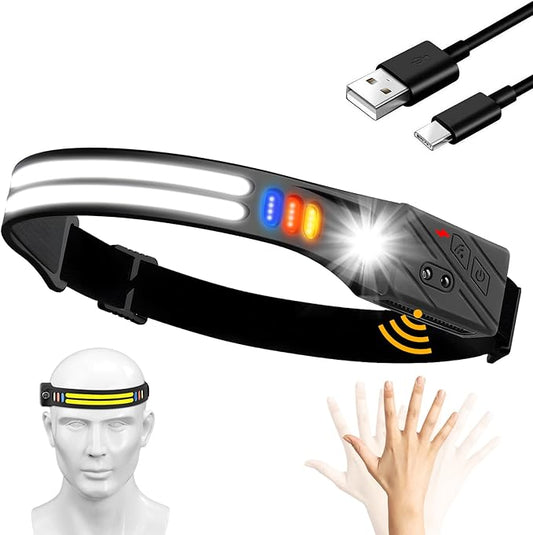 1200mAh Rechargeable Battery Headlamp Flash Light, Lumens Led Headlamp 230 Wide Beam Adjustable Headband, Night Fishing Headlight for Buddy Adult Forehead Camping Running Outdoor Wave Sensor Modes
