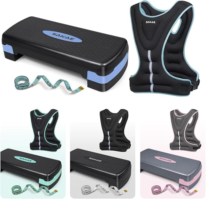 SAKAE Aerobics Step Platform Set with Weighted Vest & Measuring Tape, Adjustable Height 2 Level Risers Workout Step Trainer with Non-Slip Surface, Step Platform for Home Exercise, Multiple Colors