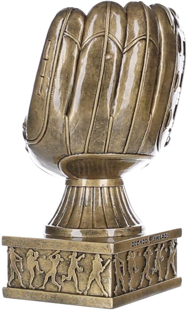 Decade Awards Action Pedestal Softball Glove Trophy – Engraved Game Ball Holder Display – Custom Softball Award for MVPs, Coaches, Players, Teams – Celebrate Wins – Customize Now (8 Inch)