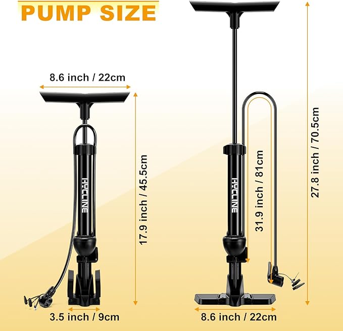 Hycline Bike Floor Pump with Gauge: 160 PSI High Pressure Bicycle Pumps - Durable Air Pump Fits Presta & Schrader Valve - Inflator for Road MTB Tire, Ball, Balloon, Inflatables