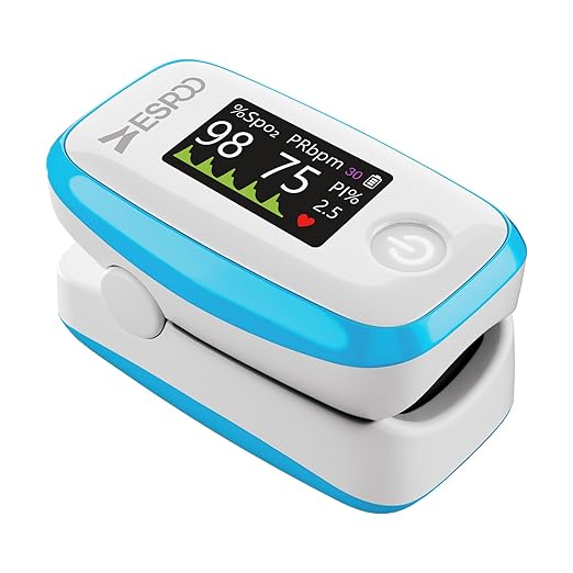 ESPOO Pulse Oximeter with 20 Memory, Oxygen Monitor Fingertip 4 Color TFT Display(SPO2), Alarm & Brightness Adjustable, Batteries & Lanyard Include(White&Blue)