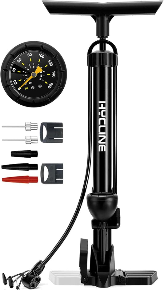 Hycline Bike Floor Pump with Gauge: 160 PSI High Pressure Bicycle Pumps - Durable Air Pump Fits Presta & Schrader Valve - Inflator for Road MTB Tire, Ball, Balloon, Inflatables
