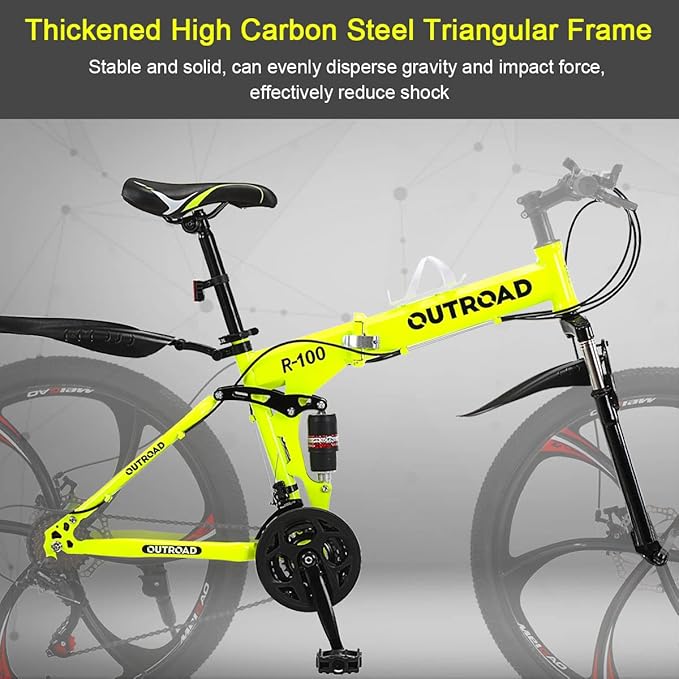 Outroad Folding Mountain Bike Foldable/Unfoldable Bike 26 Inch for Adult, 21-Speed Dual Suspension High-Carbon Steel MTB Foldable Bicycle, Dual Disc Brake Folding Bikes for Women and Men