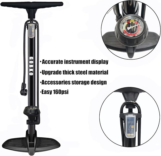 GOBKO Bike Pump with Gauge,Bicycle Floor Pump for Presta and Schrader Valves Bike Tire Pumps Inflator High Pressure 160PSI & 11BAR Portable Air Pump for Road Bike Car MTB Sports Balls