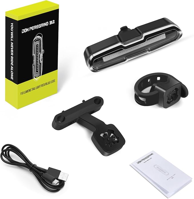 Bike Tail Light Powerful 110 Lumens - Bicycle Light 5 Modes Red/Blue, Waterproof IP64, Rechargeable USB-C, Quick Release Brackets for Saddle & Seatpost, DON PEREGRINO B2 Rear Bike Light