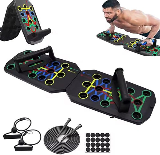 Multifunctional Push-Up Board Set – Foldable 25’’ Push-Up Bar System with Color-Coded Muscle Training Zones, Resistance Bands, Anti-Slip Handles & Non-Slip Mat – Home Gym Equipment for Chest, Back, Arms, Shoulders