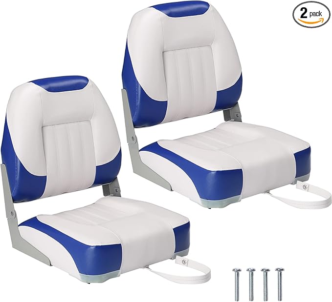 PEXMOR Boat Seats Low/High Back, Folding Boat Seat Included, Fold-Down Fishing Boat Seats Waterproof Captain Boat Seat w/Aluminum Hinges & Thick Soft Cushion, 2 Packs (Low Back-Blue & White)