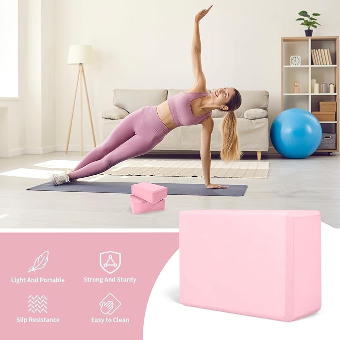 Yoga Block 2 Pack 9"x6"x3", Sturdy Yoga Foam Blocks, High Density & Non Slip Surface for Pilates & Stretching, Fitness Accessories for Stability & Balance