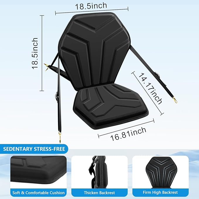 HLOGREE 6-Point Attachment - Thick Padded Kayak Seat Cushion with Back Support,Extra Cushioned Kayak Replacement Seat Universal for Hobie,Sit on Top,Lifetime,Pelican,Perception,Raised,Sit in