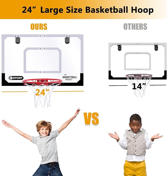 Large Indoor Mini Basketball Hoop Set for Kids and Adult 24 X 16 Inch Board Family Games for Home and Office Door & Wall with 3 Balls and Complete Accessories, Basketball Toy Gift for Boys Girls Teens