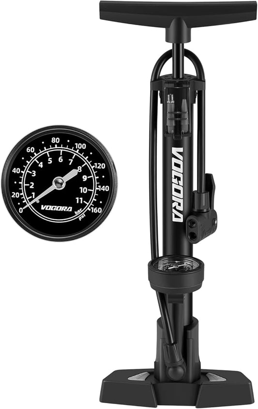 Bike Pump Presta & Schrader Valves, Bicycle Pump with Pressure Gauge for All Bikes, Bike Tyre Pump for Car Tyres, Foot Pump for Road Mountain Bikes & Balls