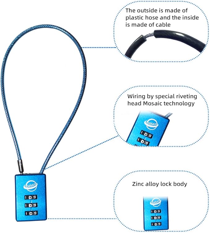 3 Digit Cable Combination Lock 5 inches Cable for School Gym Locker,Filing Cabinets,Helmet,Toolbox,Luggage Suitcase,knapsack,Blue 2Pack