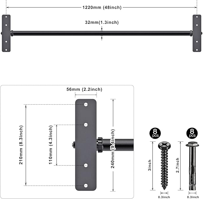 Kipika 48" Ceiling Mounted Pull Up Bar, Heavy Duty Multi-Grip Chin Up Bar,Mounted Pull Up Bar, Adjustable Height, Pull Up Bands for Chin Ups & Body Stretching, Ideal for Home Gym and Strength Training