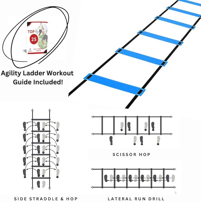DELUXE EDITION Agility Ladder Training Set - 13 Rung 21ft Agility Ladder w/13 Disc Cones, Carry Bag - Improve Speed & Strength Soccer, Football, Basketball w/4 Steel Pegs for Outdoor Workout Charts