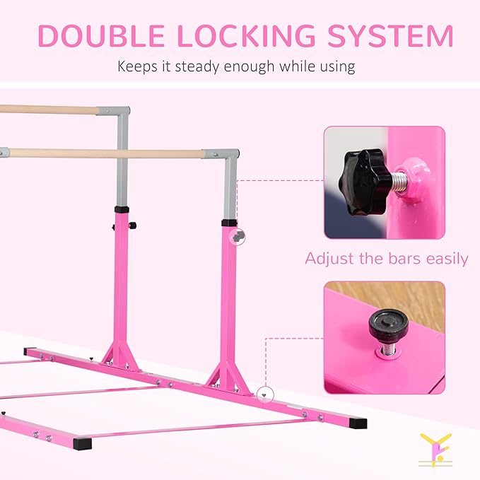 Qaba Double Horizontal Bars, Junior Uneven Bars Gymnastics for Home with 13-Level 36"-59" Adjustable Heights, 6-Level Adjustable Width - Pink