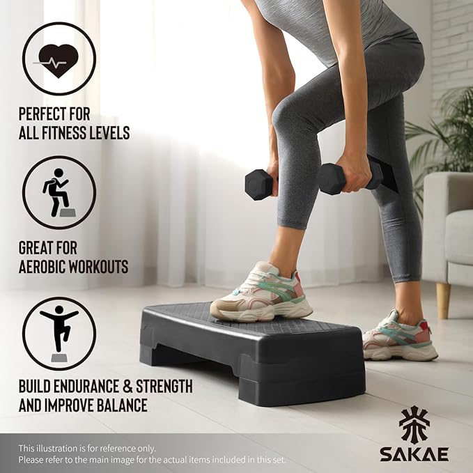 Adjustable Height Aerobic Stepper Set, Multiple Bundle Options with Dumbbells, Kettlebell, Waist Trimmer, Ankle Weights or Weighted Vest, Workout Exercise Step Platform w/Level Risers, 4 Colors