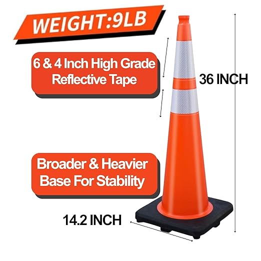 BESEA 6 Pack 36” Traffic Cones Orange Safety Road Cones with Reflective Collars, Heavy Duty Parking & Construction Cone for Traffic Control