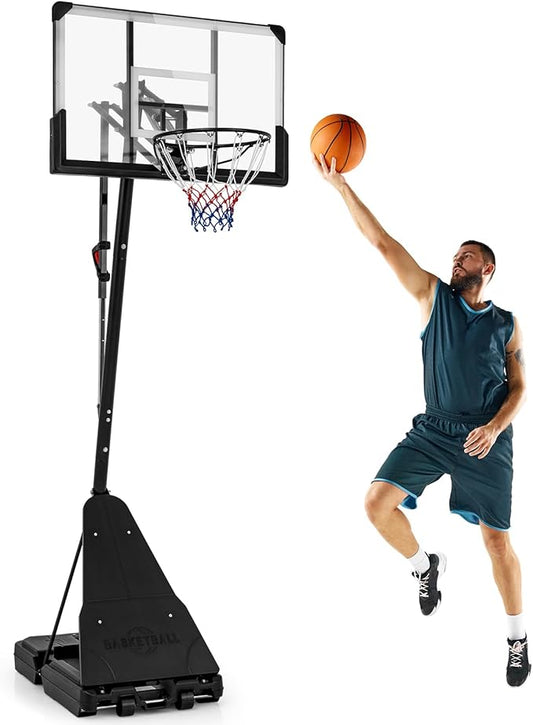 GYMAX Basketball Hoop, 4.9-10 FT Height Adjustable Basketball Goal with 44 Inch PC Backboard, Rebound Plate & Wheels for Kids Teens Adults, Portable Basketball Hoop for Indoor & Outdoor