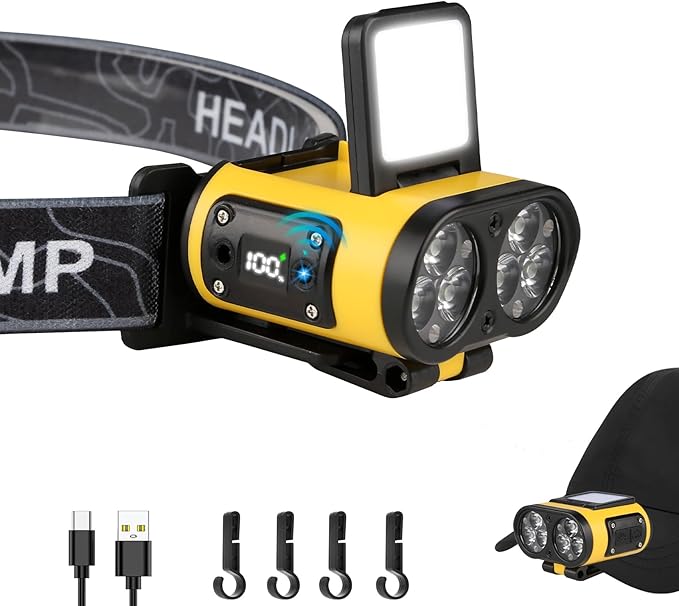 Rechargeable Headlamp, Motion Sensor 500 Lumen Head Lamps, 6 LED Rechargeable with Clip Hand Free, Adjustable Head Light for Camping, Night Walking, Running, Hiking and Outdoor
