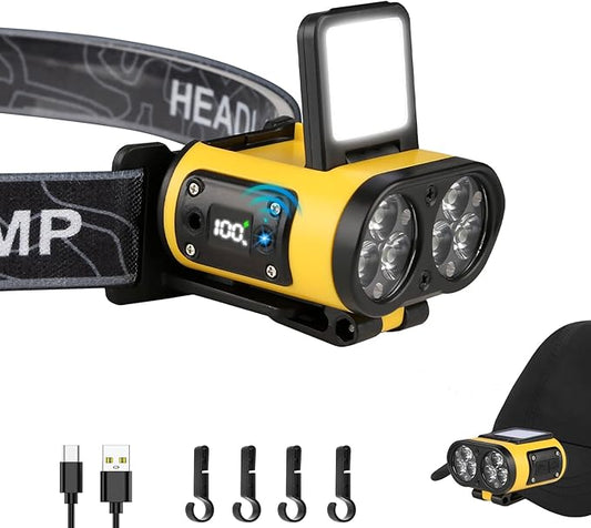 Rechargeable Headlamp, Motion Sensor 500 Lumen Head Lamps, 6 LED Rechargeable with Clip Hand Free, Adjustable Head Light for Camping, Night Walking, Running, Hiking and Outdoor