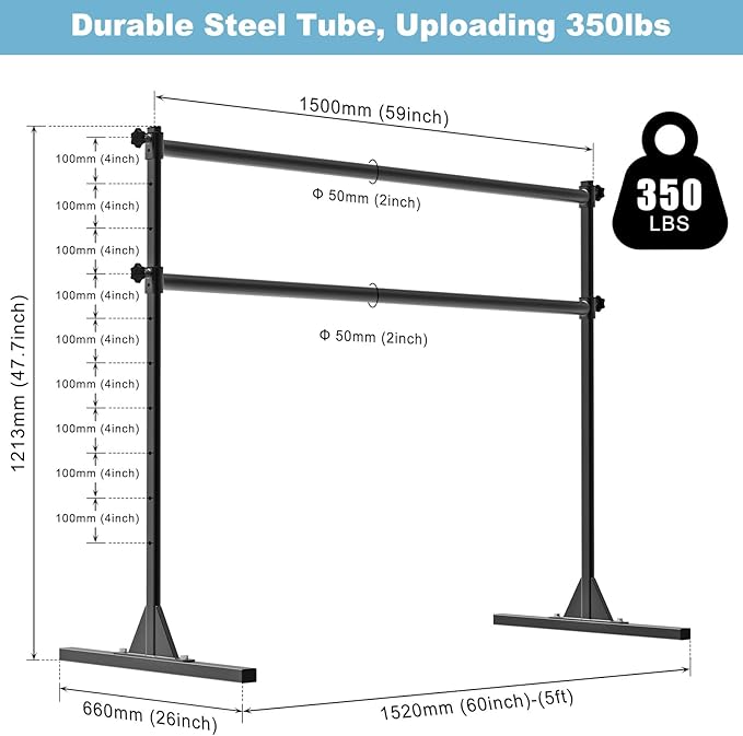 4FT/5FT/6FT Freestanding Ballet Barre 10 Height Adjustable from 11 to 47 inch Ballet Bar 350 lbs Capacity Portable Double Dance Bar for Home Workout and Stretch