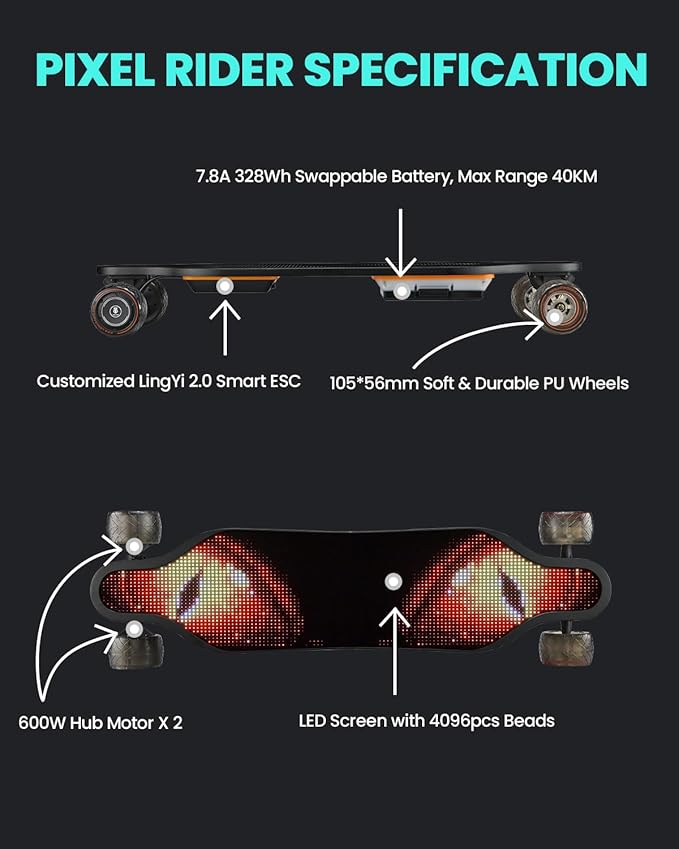 S3/Pixel Rider Electric Skateboards with Remote and Swappable Battery/Top Speed 28 Mph/2 * 600W Motors/12Miles/25Miles Max Range Electric Longboards for Adult＆Beginner