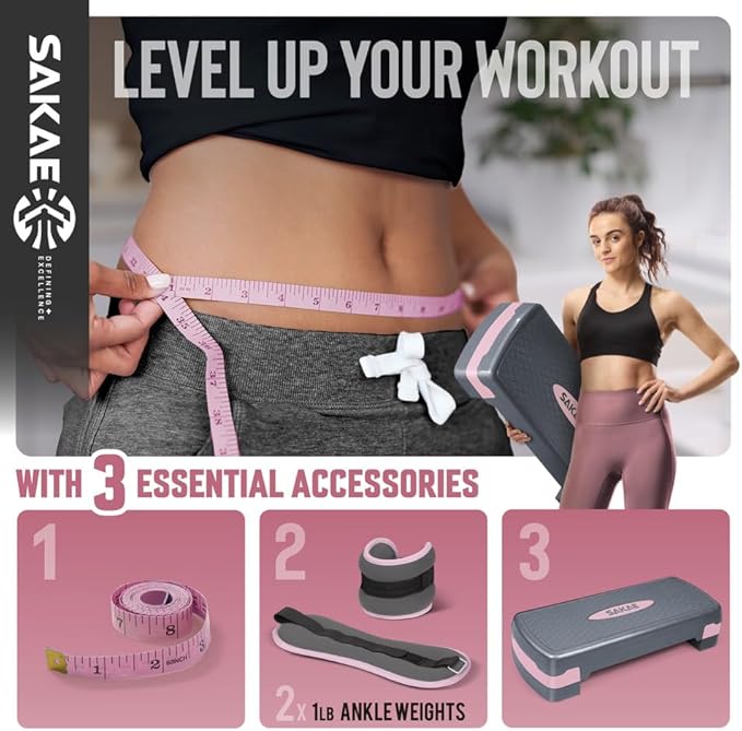 Adjustable Height Aerobic Stepper Set, Multiple Bundle Options with Dumbbells, Kettlebell, Waist Trimmer, Ankle Weights or Weighted Vest, Workout Exercise Step Platform w/Level Risers, 4 Colors