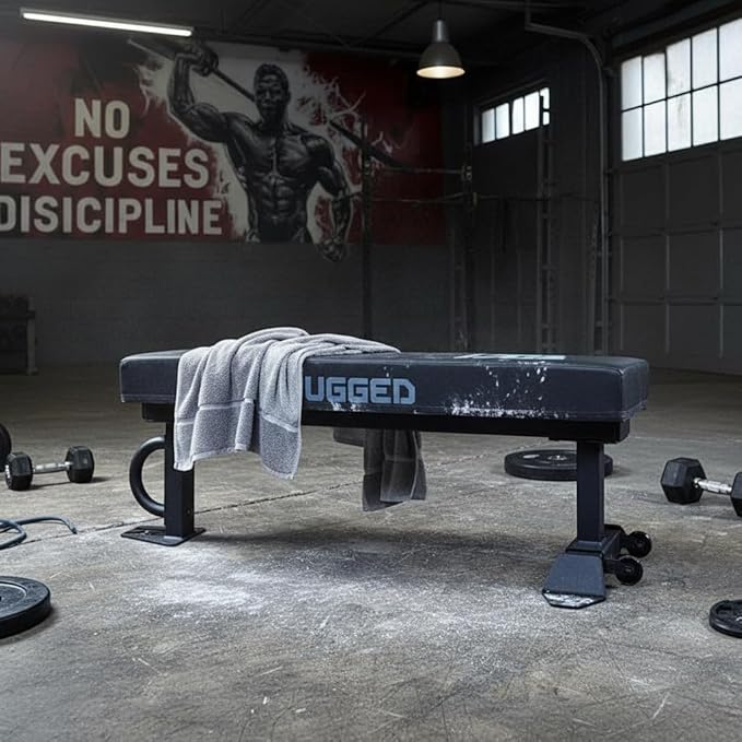 RUGGED STRENGTH Flat Weight Bench - 47” Heavy Duty 2x3” Steel Frame, 3.5” Thick Cushion, 1500 LB Capacity – Commercial Grade Workout Bench for Home Gym & Strength Training