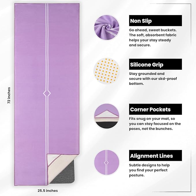 Yoga Drip Yoga Towel - Non Slip Hot Yoga Mat Towel With Corner Pockets, No-Skid Grip, and Built-in Alignment Lines | Soft, Moisture Wicking, and Sweat Absorbent | No Bunching, Stays in Place 72" x 25"