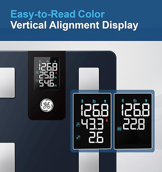 GE Smart Scale for Body Weight BMI Fat Muscle Mass with All-in-one LCD Display, Digital Bathroom Weight Scales Bluetooth Body Composition Analyzer with App, Accurate Weighing, 400 lbs / 180 kg