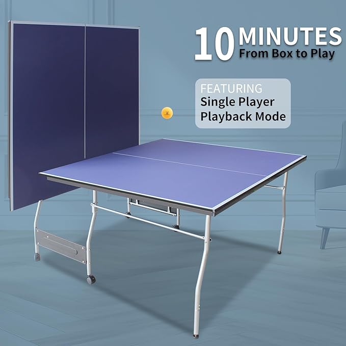 Table Tennis Table, Portable Ping Pong Table Game Set, 8ft Mid-Size Folding Indoor Outdoor Table Tennis Game Set with Net, 2 Table Tennis Paddles and 3 Balls for Adults/Teens
