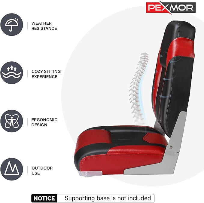 PEXMOR Boat Seats Low/High Back, Folding Boat Seat Included, Fold-Down Fishing Boat Seats Waterproof Captain Boat Seat w/Aluminum Hinges & Thick Soft Cushion, 2 Packs (High Back-Red & Black)