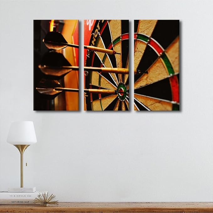 3 Piece Giclee Canvas Prints Wall Art Dart Hits the Bullseye Paintings Inspirational Wall Art for Living Room Sports Theme Home Decorations Stretched Framed Artwork Ready to Hang(28" Wx42 H)