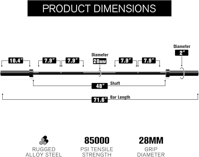 RITFIT Olympic Barbell 4ft/4.8ft/6ft - 2 Inch Weight Bar for Strength Training, Weightlifting, Squat, Deadlift, Bench Press, Curl, Overhead Press - 350lbs/500lbs Capacity