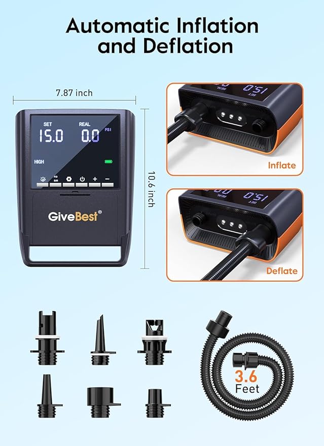 GiveBest Rechargeable Paddle Board Pump, 20 PSI High Pressure and 30% Faster Dual Stage SUP Air Pump with Auto-Off, 3x4500MAH, Inflation and Deflation Function for Paddle Boards, Boats, Kayak and Tent