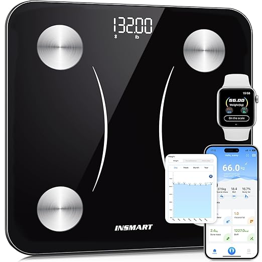 INSMART Smart Scale for Body Weight,Accurate Digital Bathroom Scale,12x12 inches Large Platform Bluetooth Body Fat Scale with BMI,16 Body Composition Weight Scale Health Monitor Analyzer with Sync APP
