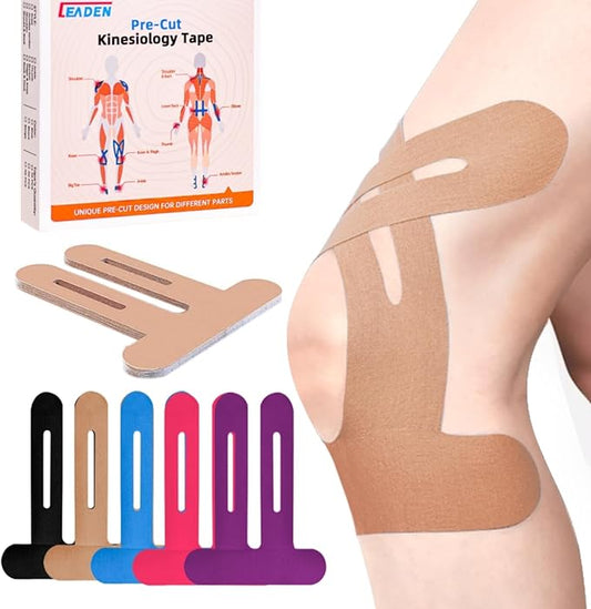 IEADEN Precut Kinesiology Tape for Knees, 10 Pcs - Knee Support & Stability, Knee Pain Relief Athletic Tape - Elastic & Waterproof, Breathable Hypoallergenic Latex-Free Tape, Beige