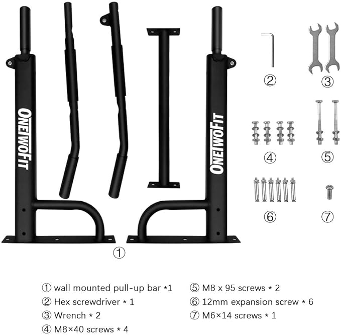 OneTwoFit Wall Mounted Pull Up Bar with More Stable 6-hole design for Indoor and Outdoor Use, Maximum weight 440 Lbs OT103