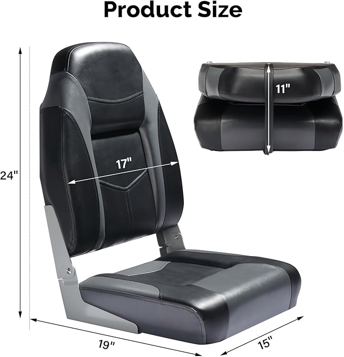 PEXMOR Boat Seats Low/High Back, Folding Boat Seat Included, Fold-Down Fishing Boat Seats Waterproof Captain Boat Seat w/Aluminum Hinges & Thick Soft Cushion, 2 Packs (High Back-Grey & Black)
